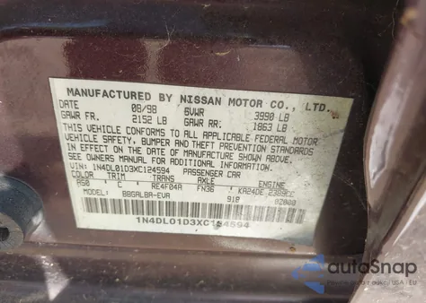 1999 Nissan Altima Gle/Gxe/Se/Se-L/Xe z USA, uszkodzony, nr VIN 1N4DL01D3XC124594